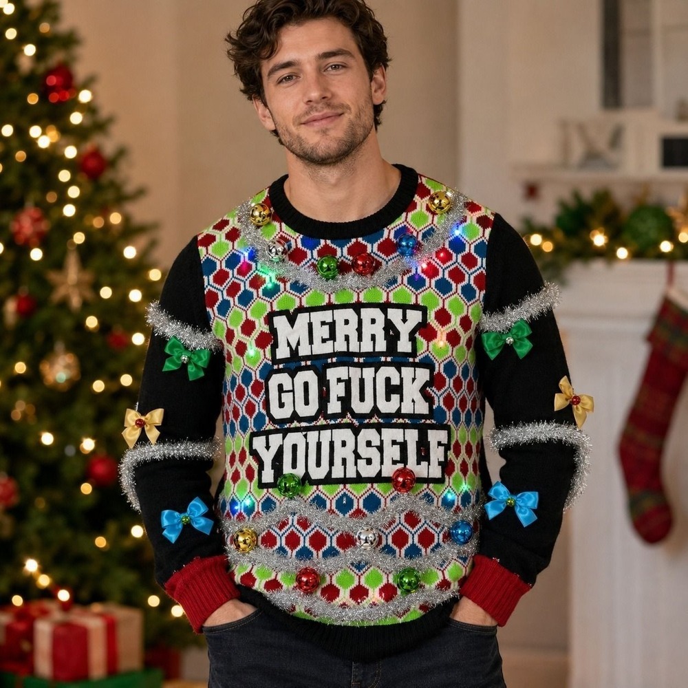 Spencer's Ugly Christmas Sweater Light Up Jingle Bell Tinsel Unisex XL